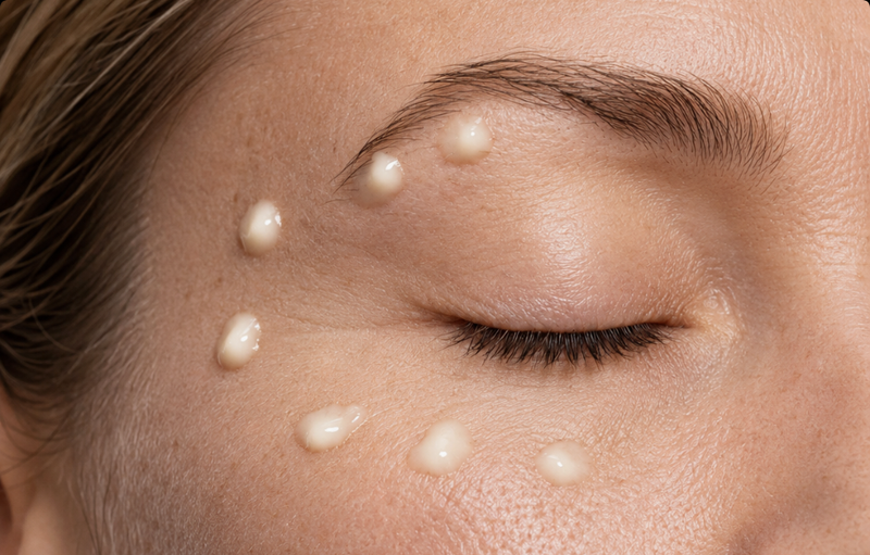 Application du soin contour des yeux sur une paupiere